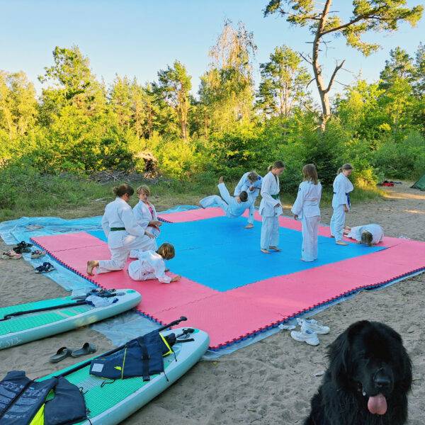 Barn tränar judo på judomatta på en strand.