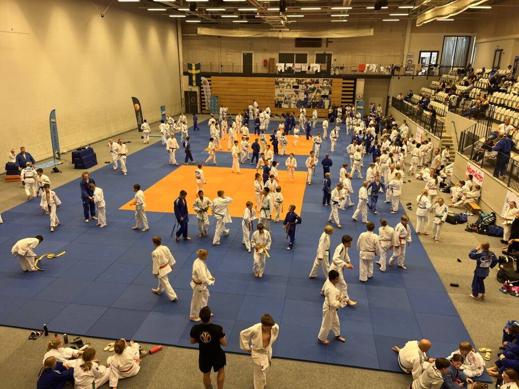 Deltagare tränar judo i stor lokal.